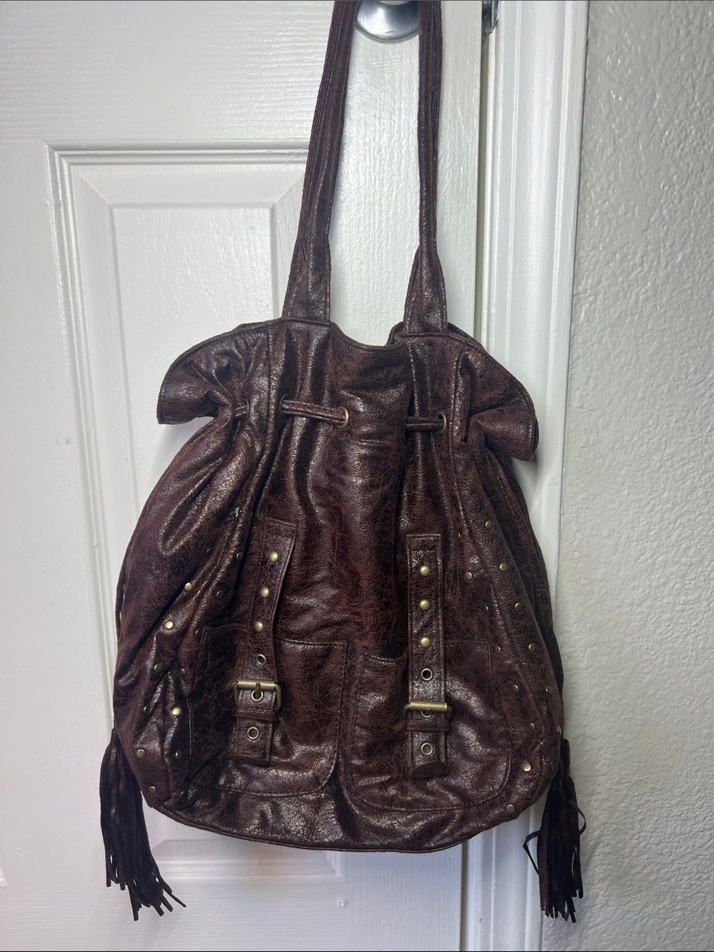 Dark Brown Women’s Studded Fringe Shoulder Bag